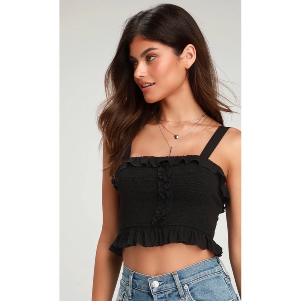 Moon Shadow Black Ruffled Smocked Crop Top
